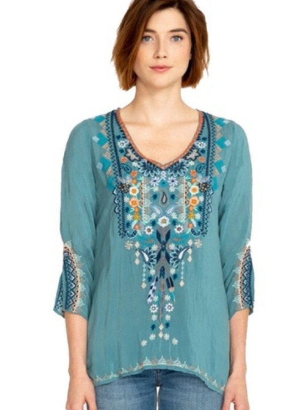 Johnny Was Teal Embroidered V-Neck Tunic